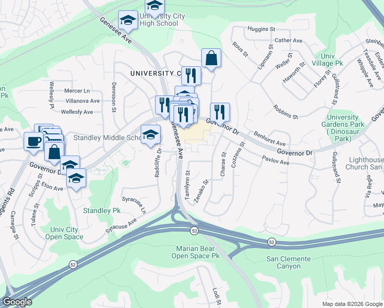 map of restaurants, bars, coffee shops, grocery stores, and more near 4133 Raya Way in San Diego