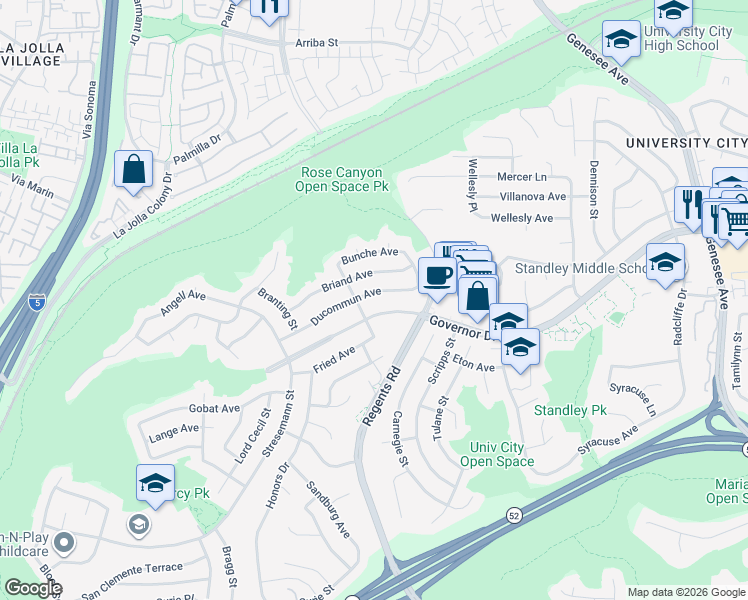 map of restaurants, bars, coffee shops, grocery stores, and more near 3104 Governor Drive in San Diego