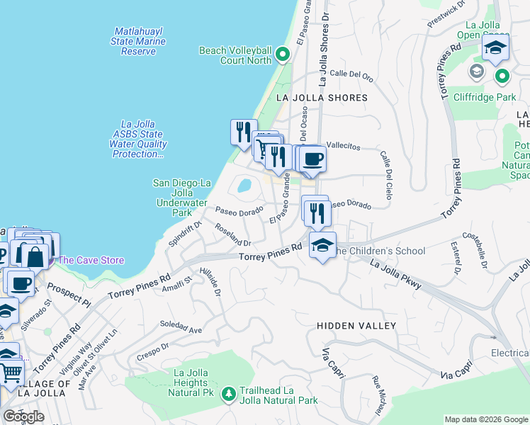 map of restaurants, bars, coffee shops, grocery stores, and more near 7865 El Paseo Grande in San Diego