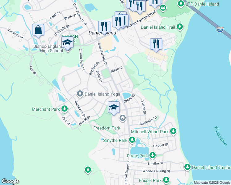 map of restaurants, bars, coffee shops, grocery stores, and more near 2281 Daniel Island Drive in Charleston