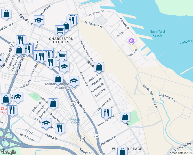 map of restaurants, bars, coffee shops, grocery stores, and more near 1920 Token Street in North Charleston
