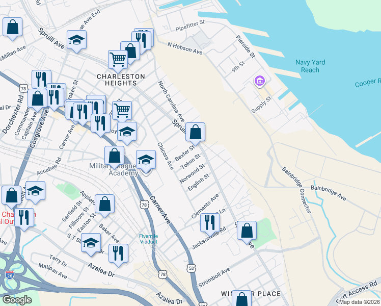 map of restaurants, bars, coffee shops, grocery stores, and more near 1920 Token Street in North Charleston