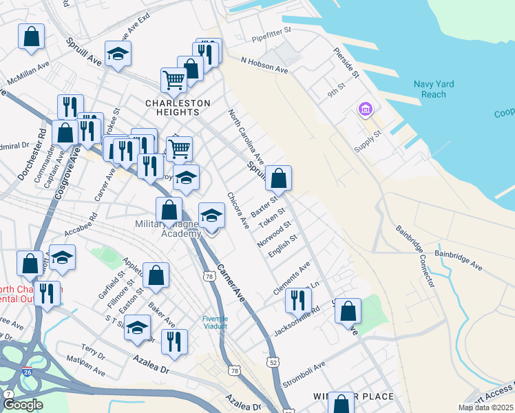 map of restaurants, bars, coffee shops, grocery stores, and more near 1938 Baxter Street in North Charleston
