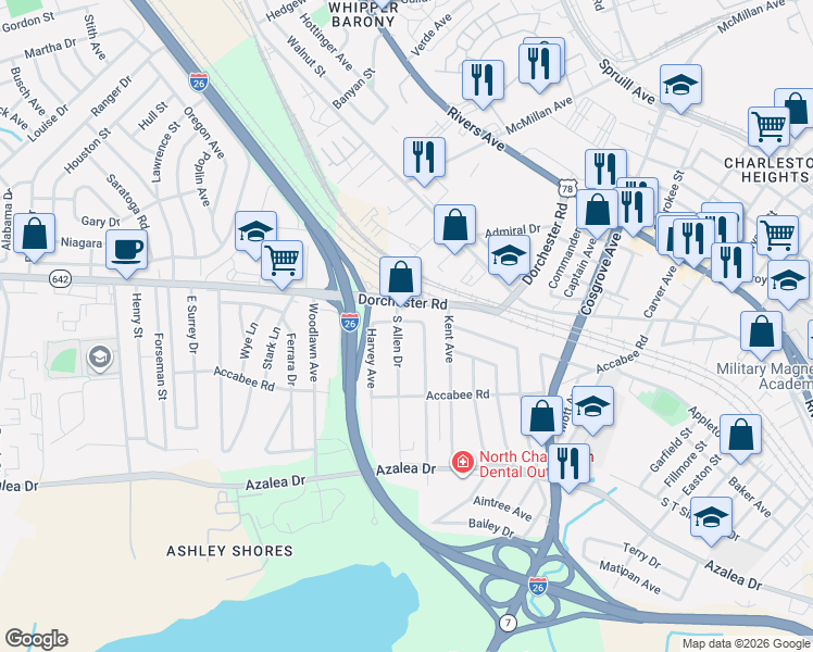 map of restaurants, bars, coffee shops, grocery stores, and more near 2612 South Allen Drive in North Charleston