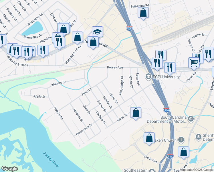 map of restaurants, bars, coffee shops, grocery stores, and more near 4750 Yardley Drive in North Charleston