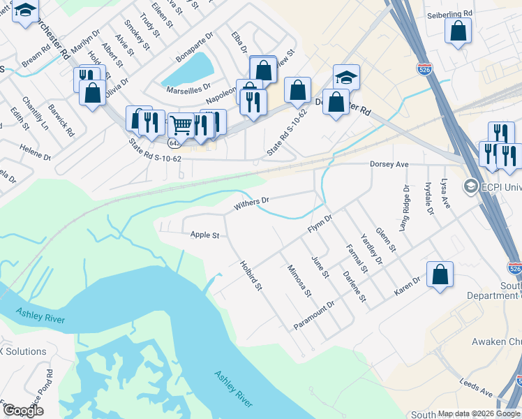 map of restaurants, bars, coffee shops, grocery stores, and more near 4820 Parker Drive in North Charleston