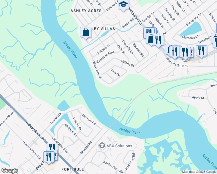 map of restaurants, bars, coffee shops, grocery stores, and more near 4301 Waterview Circle in North Charleston