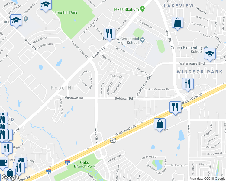 map of restaurants, bars, coffee shops, grocery stores, and more near 5322 Pensacola Drive in Garland