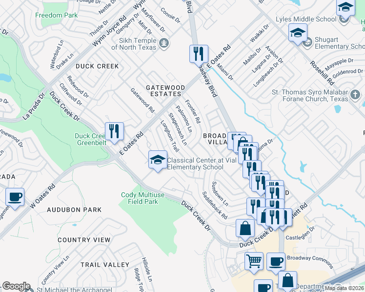 map of restaurants, bars, coffee shops, grocery stores, and more near 5201 Longhorn Trail in Garland