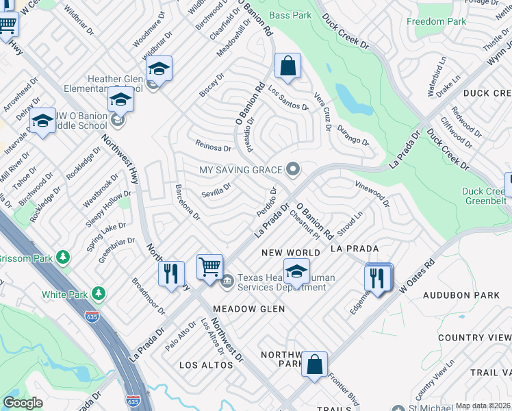 map of restaurants, bars, coffee shops, grocery stores, and more near 602 Perdido Drive in Garland