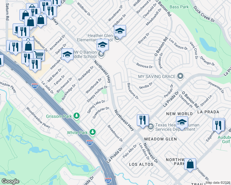 map of restaurants, bars, coffee shops, grocery stores, and more near 730 Trend Drive in Garland