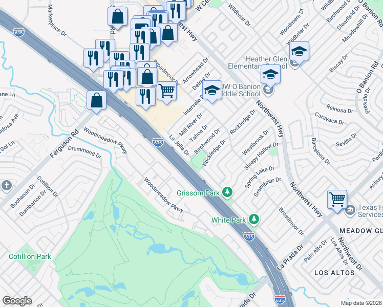 map of restaurants, bars, coffee shops, grocery stores, and more near 5437 La Jolla Drive in Garland