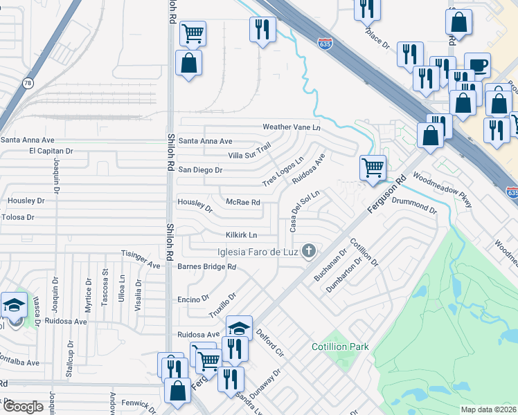 map of restaurants, bars, coffee shops, grocery stores, and more near 3054 Housley Drive in Dallas