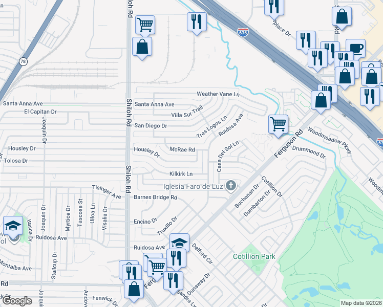 map of restaurants, bars, coffee shops, grocery stores, and more near 3054 Housley Drive in Dallas