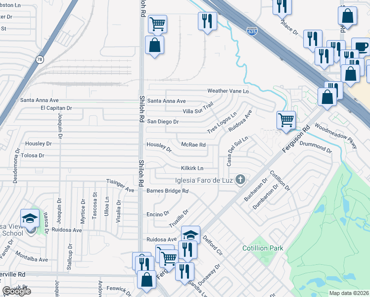 map of restaurants, bars, coffee shops, grocery stores, and more near 3018 Housley Drive in Dallas