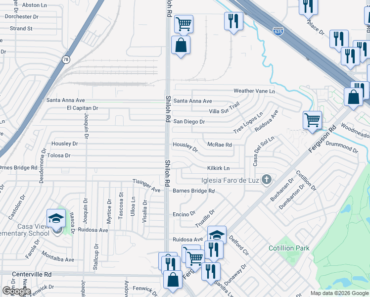 map of restaurants, bars, coffee shops, grocery stores, and more near 11742 Kilkirk Lane in Dallas