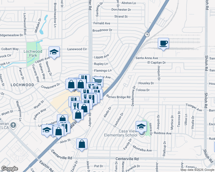 map of restaurants, bars, coffee shops, grocery stores, and more near 11515 Garland Road in Dallas