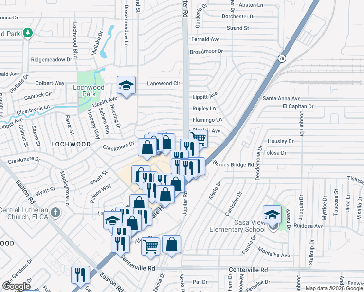 map of restaurants, bars, coffee shops, grocery stores, and more near 11535 Jupiter Road in Dallas