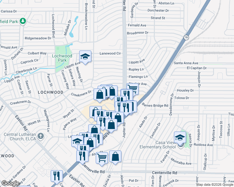 map of restaurants, bars, coffee shops, grocery stores, and more near 11535 Jupiter Road in Dallas