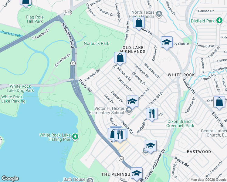 map of restaurants, bars, coffee shops, grocery stores, and more near 540 Aqua Drive in Dallas