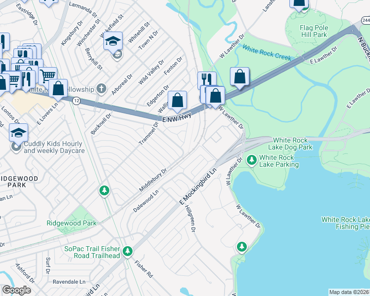 map of restaurants, bars, coffee shops, grocery stores, and more near 7339 Lehigh Drive in Dallas