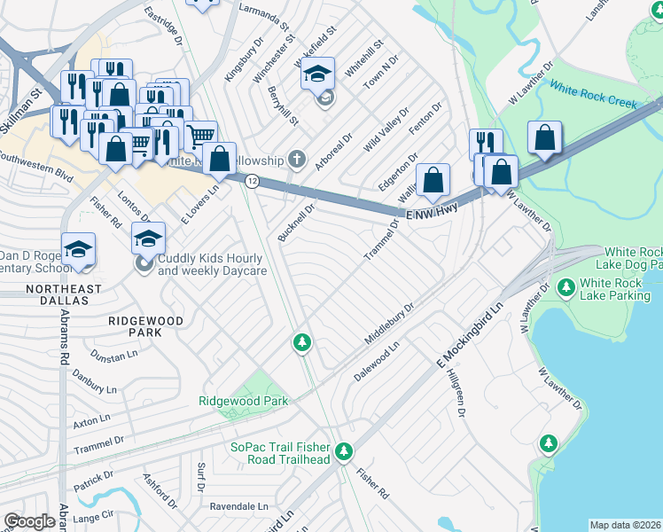 map of restaurants, bars, coffee shops, grocery stores, and more near 7159 Bennington Drive in Dallas