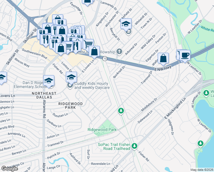 map of restaurants, bars, coffee shops, grocery stores, and more near 6642 Ascot Lane in Dallas