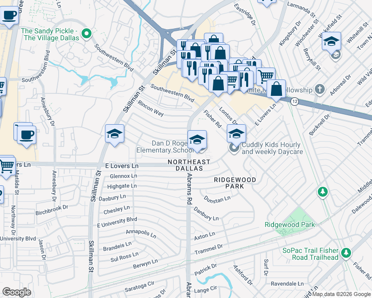 map of restaurants, bars, coffee shops, grocery stores, and more near 6350 Town Hill Lane in Dallas