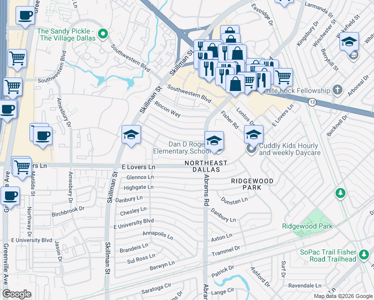 map of restaurants, bars, coffee shops, grocery stores, and more near 6314 Town Hill Lane in Dallas