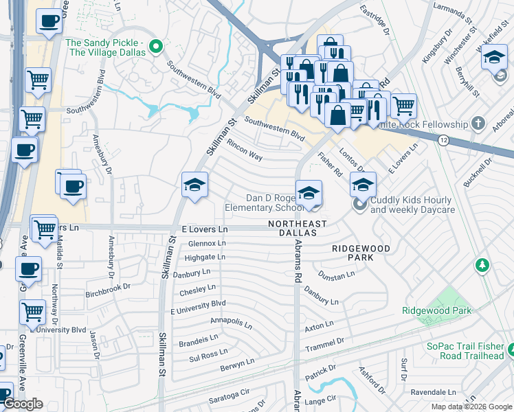 map of restaurants, bars, coffee shops, grocery stores, and more near 6233 Town Hill Lane in Dallas