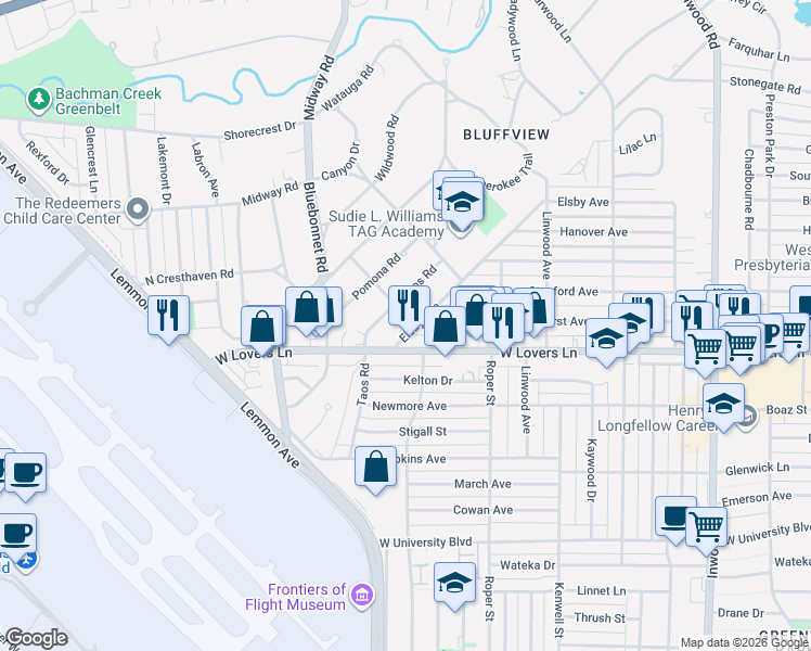 map of restaurants, bars, coffee shops, grocery stores, and more near 4507 Elsby Avenue in Dallas