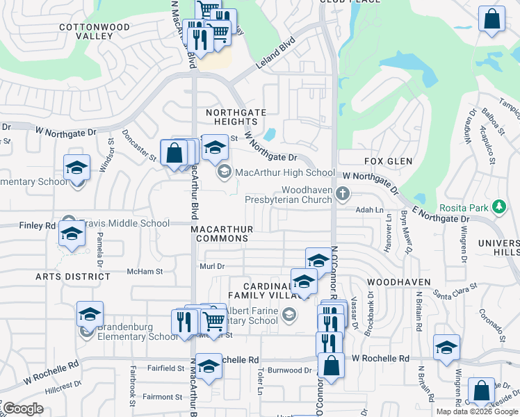 map of restaurants, bars, coffee shops, grocery stores, and more near 3413 Bellah Court in Irving