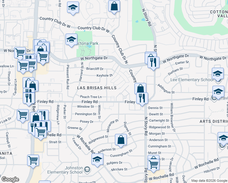 map of restaurants, bars, coffee shops, grocery stores, and more near 2427 Finley Road in Irving