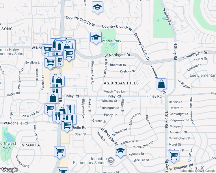 map of restaurants, bars, coffee shops, grocery stores, and more near 2716 Peach Tree Lane in Irving