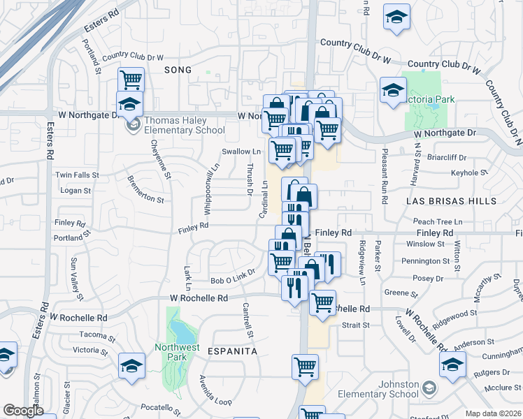 map of restaurants, bars, coffee shops, grocery stores, and more near 3513 Finley Road in Irving