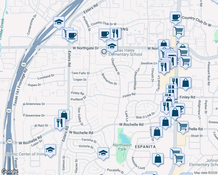 map of restaurants, bars, coffee shops, grocery stores, and more near 3826 Pendleton Court in Irving