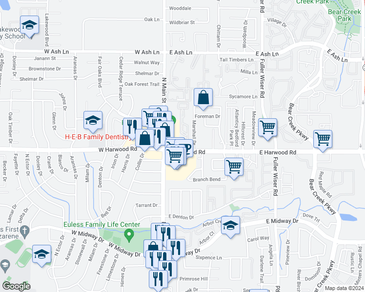 map of restaurants, bars, coffee shops, grocery stores, and more near 140 East Harwood Road in Euless