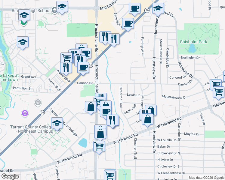 map of restaurants, bars, coffee shops, grocery stores, and more near 2001 Lorean Court in Hurst