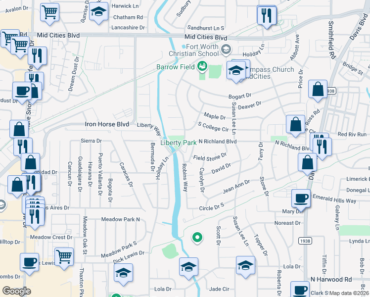 map of restaurants, bars, coffee shops, grocery stores, and more near 5825 Robins Way in North Richland Hills