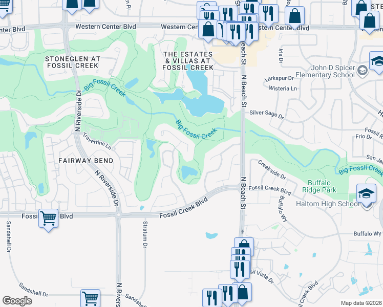 map of restaurants, bars, coffee shops, grocery stores, and more near 4241 Shores Court in Fort Worth