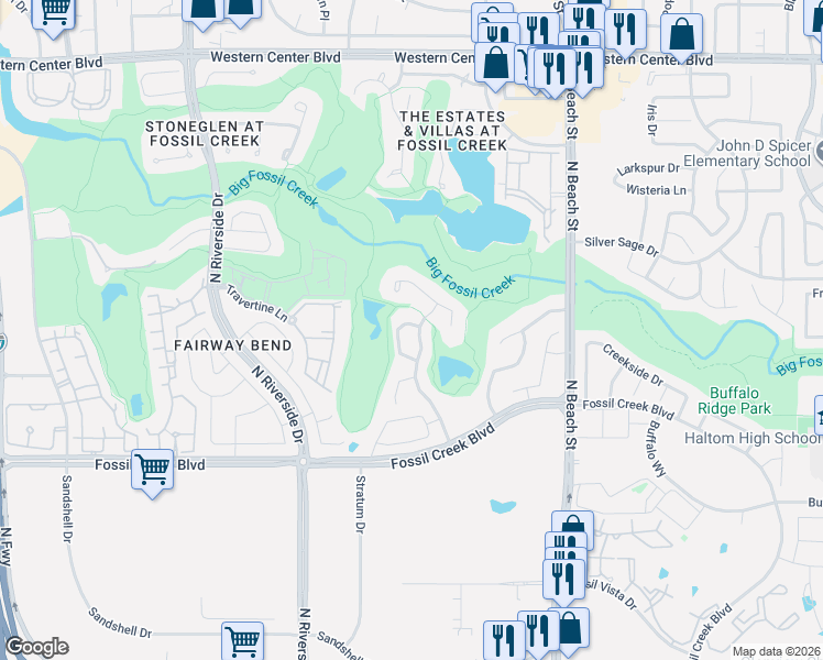 map of restaurants, bars, coffee shops, grocery stores, and more near 5771 Walnut Creek Drive in Fort Worth