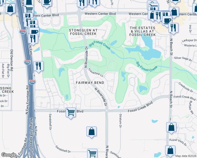 map of restaurants, bars, coffee shops, grocery stores, and more near 5932 Stream Drive in Fort Worth