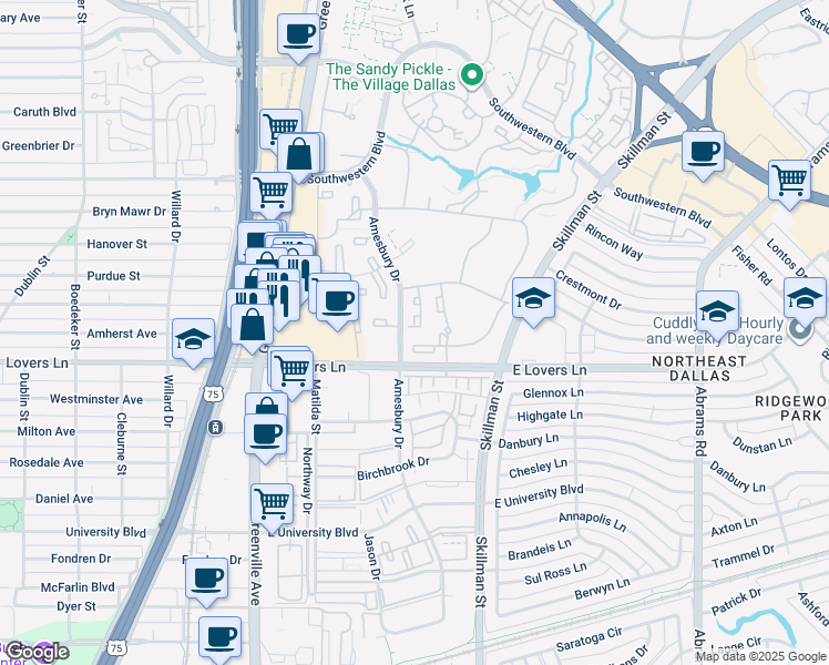 map of restaurants, bars, coffee shops, grocery stores, and more near 5350 Amesbury Drive in Dallas