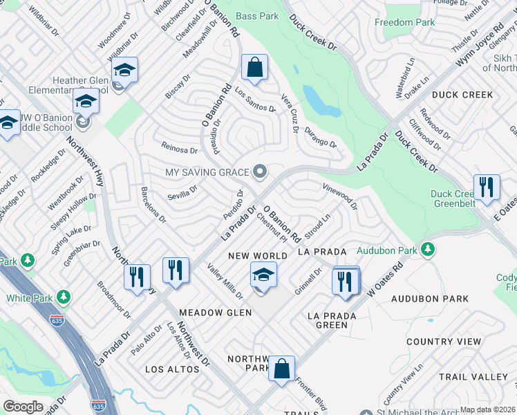 map of restaurants, bars, coffee shops, grocery stores, and more near 5218 Chestnut Place in Garland