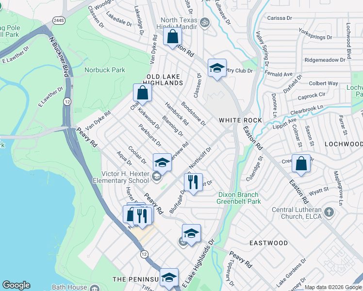 map of restaurants, bars, coffee shops, grocery stores, and more near 603 Kirkwood Drive in Dallas