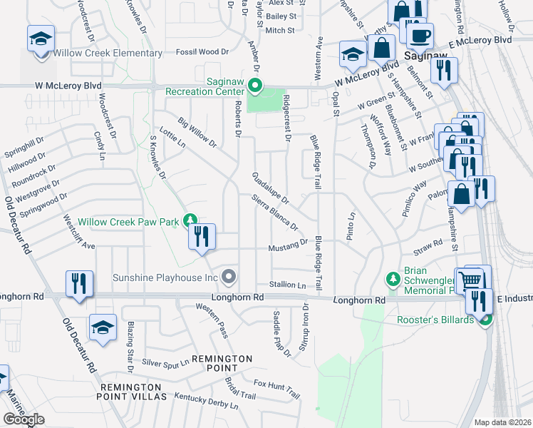 map of restaurants, bars, coffee shops, grocery stores, and more near 601 Rockledge Drive in Saginaw