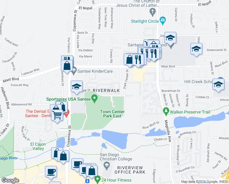 map of restaurants, bars, coffee shops, grocery stores, and more near 10101 Riverwalk Drive in Santee