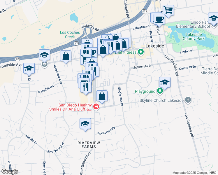 map of restaurants, bars, coffee shops, grocery stores, and more near 12167 Wintercrest Drive in Lakeside