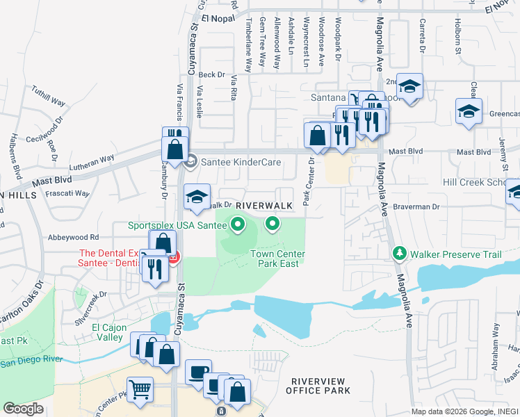 map of restaurants, bars, coffee shops, grocery stores, and more near 10034 Leavesly Trail in Santee