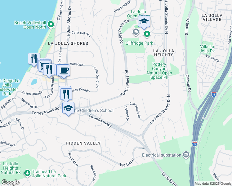 map of restaurants, bars, coffee shops, grocery stores, and more near 2660 Torrey Pines Road in San Diego